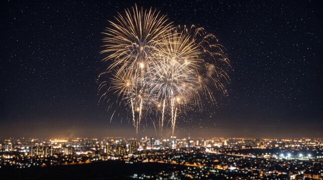 Espectacular celebraci&oacute;n de A&ntilde;o Nuevo con fuegos artificiales dorados, estrellas brillantes y elegante cielo nocturno, con espacio para a&ntilde;adir texto.