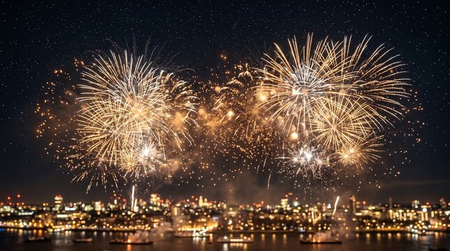 Espectacular celebraci&oacute;n de A&ntilde;o Nuevo con fuegos artificiales dorados, estrellas brillantes y elegante cielo nocturno, con espacio para a&ntilde;adir texto.