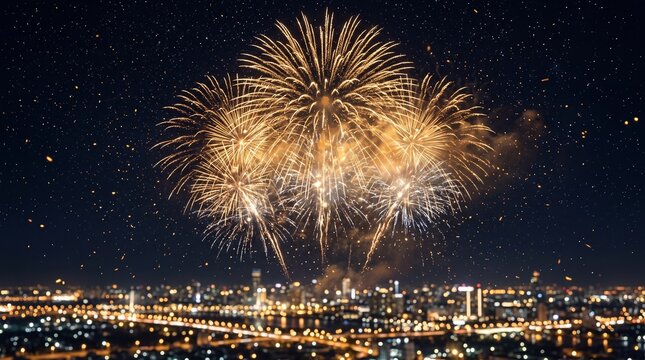 Espectacular celebraci&oacute;n de A&ntilde;o Nuevo con fuegos artificiales dorados, estrellas brillantes y elegante cielo nocturno, con espacio para a&ntilde;adir texto.