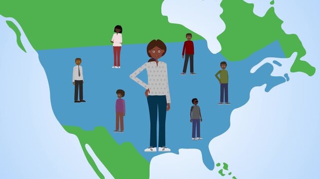 Diverse black characters standing together across a map of north america in animated video footage