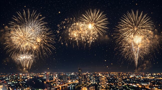 Espectacular celebraci&oacute;n de A&ntilde;o Nuevo con fuegos artificiales dorados, estrellas brillantes y elegante cielo nocturno, con espacio para a&ntilde;adir texto.