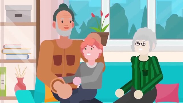 Happy grandparents spending quality time with their young grandchild sitting together on sofa in vector animation footage