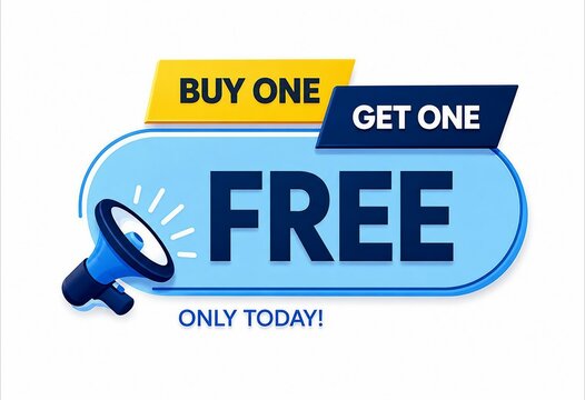 Buy one get one free promotional banner with megaphone graphic