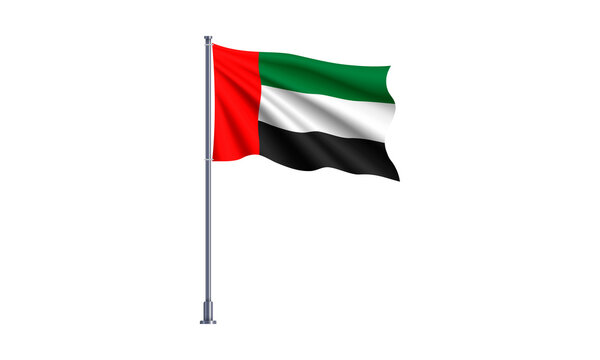 Stylized 3D UAE flag waving on pole isolated United Arab Emirates national flag graphic 