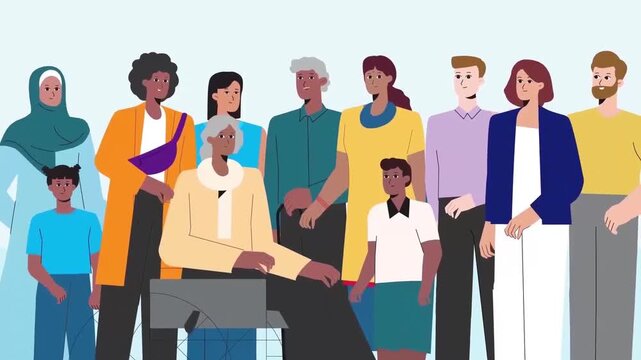 Diverse group of animated people standing together with a woman sitting in wheelchair vector motion graphic footage