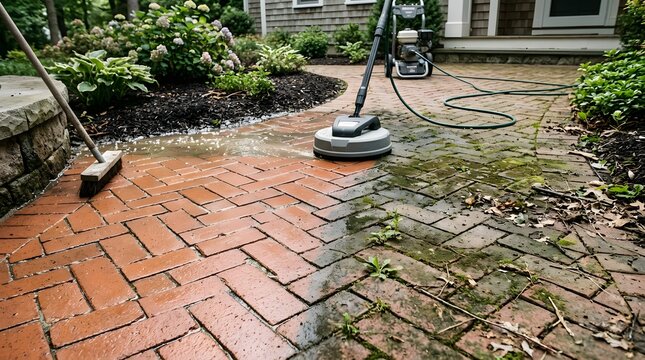 Half-cleaned herringbone brick patio with surface cleaner and brush