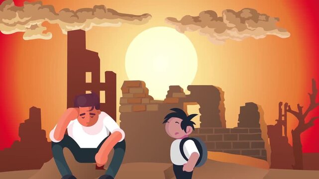 Sad father sitting with his young son amidst destroyed ruins during sunset crisis animation footage clip