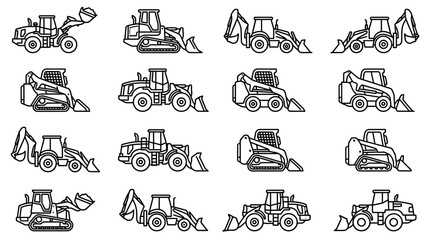Sleek Black and White Line Art Collection of 16 Distinct Construction Vehicles and Heavy Machinery Icons © woko
