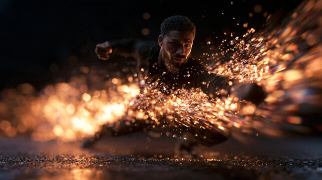 Athletic Man in Dynamic Combat Pose Surrounded by Sparks