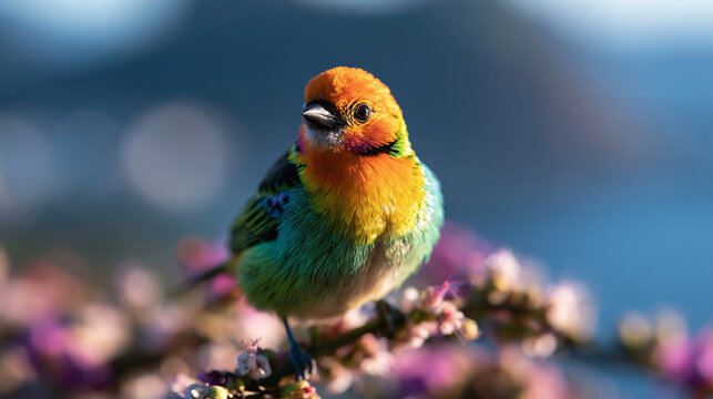Colorful Tropical Tanager Bird Perched on Flowering Branch