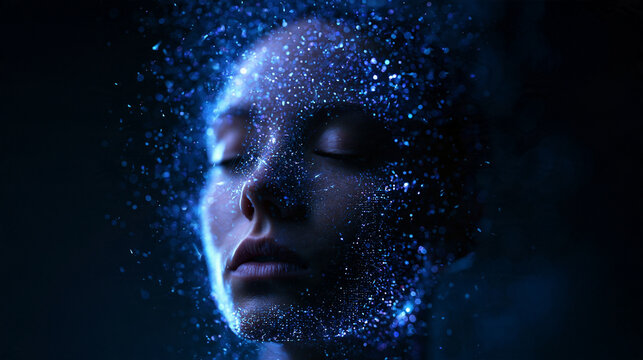 Digital Human Face Dissolving into Glowing Blue Particles