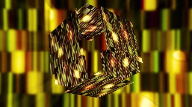 Abstract yellow 3d cube rotating with digital stripes animation