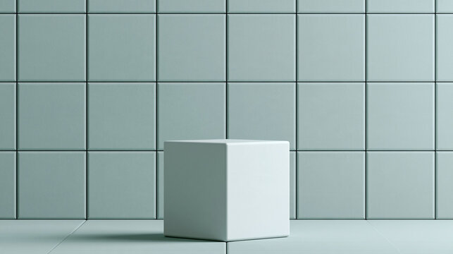 Empty White Cube Podium on Green Tiled Background