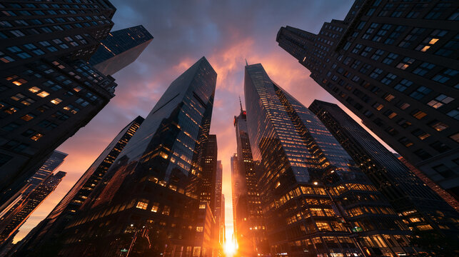 Low Angle View of Modern Skyscrapers at Sunset