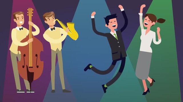 Animated jazz musicians playing instruments while happy business people dance joyfully in colorful music concert video clip