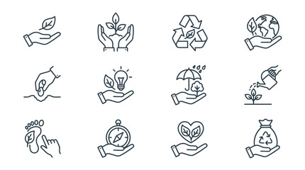 Fototapeta premium Sleek Black and White Line Icons Set Featuring Eco Friendly and Sustainable Concepts with Hands Plants Recycling Symbols