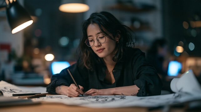 Female Architect Working Late Sketching Designs in Office