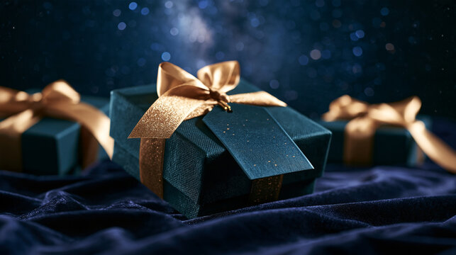Luxury Blue Gift Box with Gold Ribbon on Velvet