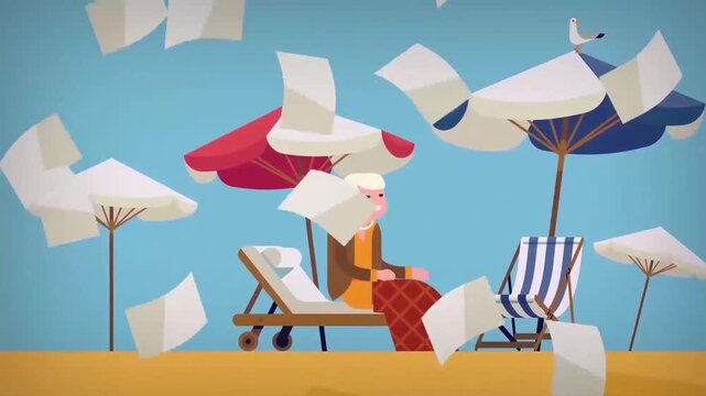 Elderly woman sitting in a beach chair while loose paper documents blow past in the wind video footage