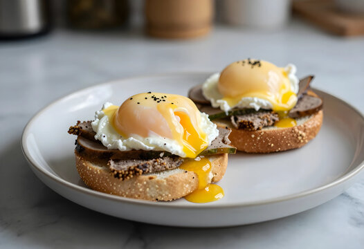 Breakfast and brunch dining eggs benedict with roast on toasted bagel gourmet food photography healthy morning meal and culinary lifestyle