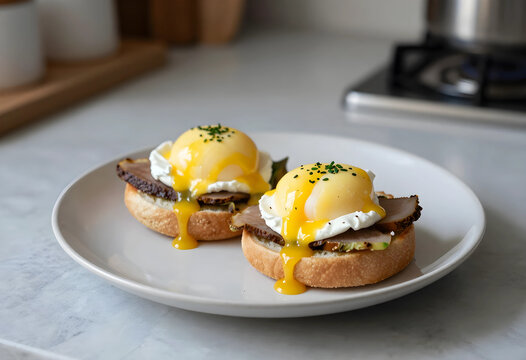 Breakfast and brunch dining, eggs benedict with poached egg and hollandaise sauce on toasted english muffin with roasted meat in a home kitchen setting
