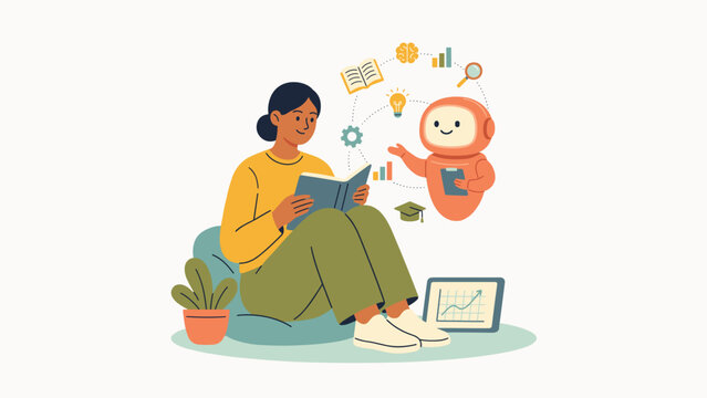 Woman reading book with ai robot assistant vector illustration for artificial and intelligence Projects yellow sweater green pants bean bag chair potted plant tablet device chart floating icons light