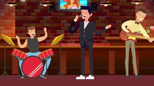 Animated music band performing live in a pub venue with singer and guitar player video footage