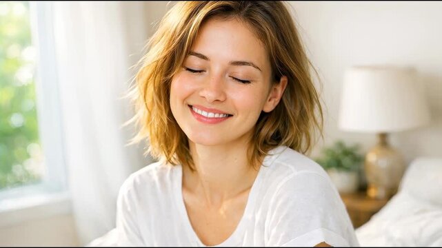Woman sits on bed with a smile, could be used for personal or commercial purposes