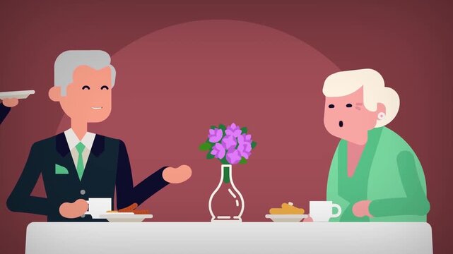Elderly couple enjoying romantic dinner date animation footage with vector characters sitting together at table