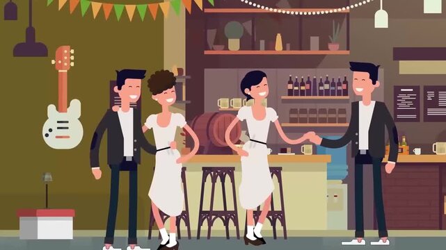 Animated cartoon people drinking beer together inside a lively pub interior vector illustration motion footage clip