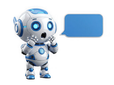 Cute white and blue robot character feeling surprised with a speech bubble isolated on transparent background
