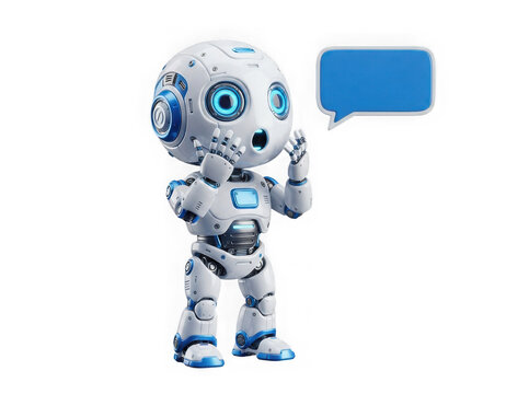Cute small robot with blue speech bubble talking or thinking isolated on transparent background