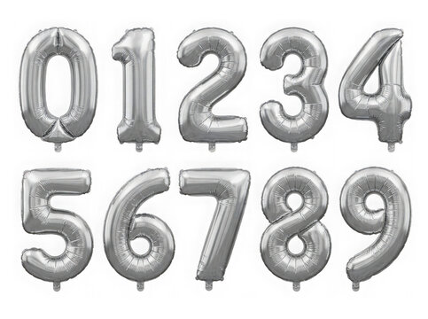 Set of silver foil balloon numbers zero to nine for birthday party celebration isolated on transparent background