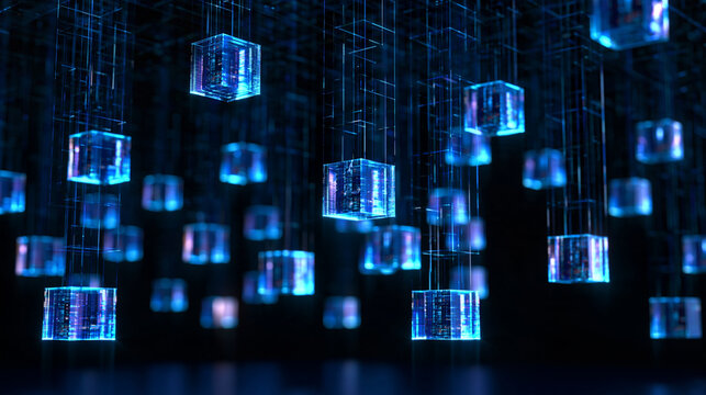 Abstract blockchain background with floating holographic cubes connected by luminous digital threads, decentralized network infrastructure, distributed ledger technology,