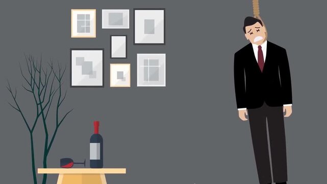 Depressed businessman committing suicide by hanging with a rope inside a dark room video animation clip