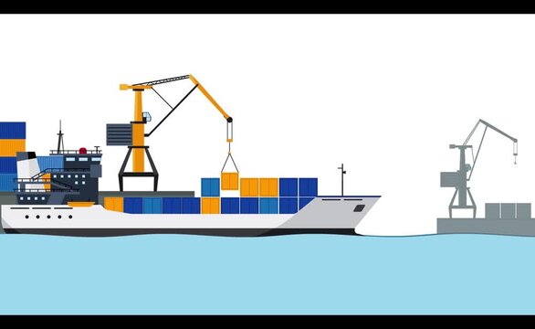 Cargo ship loading containers with port crane in motion vector animation footage for digital projects