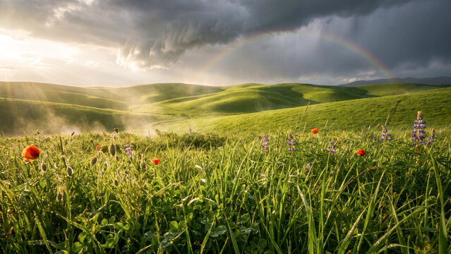 sunlight breaking over green rolling hills after a rainstorm