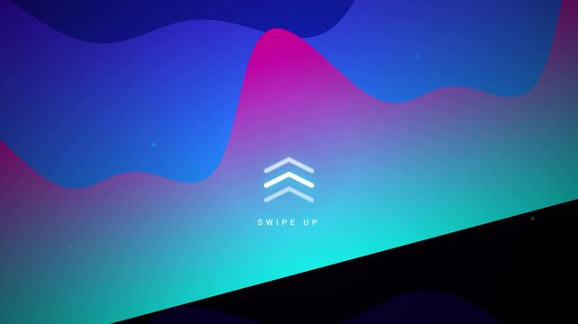 Abstract animation of wavy shapes with "Swipe Up" text and arrows on a dark blue gradient background.