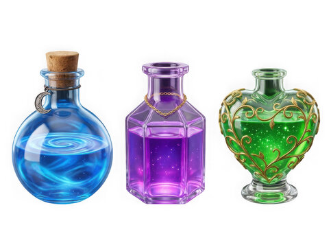 Three colorful magic potion bottles with blue purple and green liquid isolated on transparent background