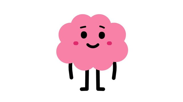 Seamless loop animation of flat doodle pink brain character nodding and winking. Smart mind agreeing and zooming in, approval and life hack concept on white