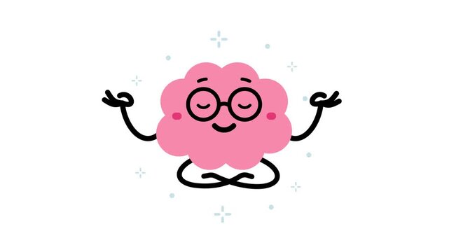Seamless loop animation of flat doodle pink brain character meditating in lotus pose. Smart mind floating and levitating, mental health and mindfulness concept on white