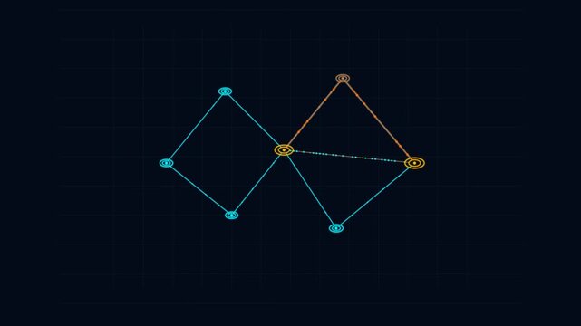 Abstract cyan and yellow glowing network connection nodes forming geometric shapes on dark background lines dots technology data communication lines dots technology data communication