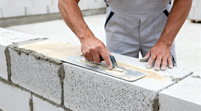 Mason uses a trowel to smooth mortar and lay concrete blocks, demonstrating skilled craftsmanship and manual labor on a construction site during wall building