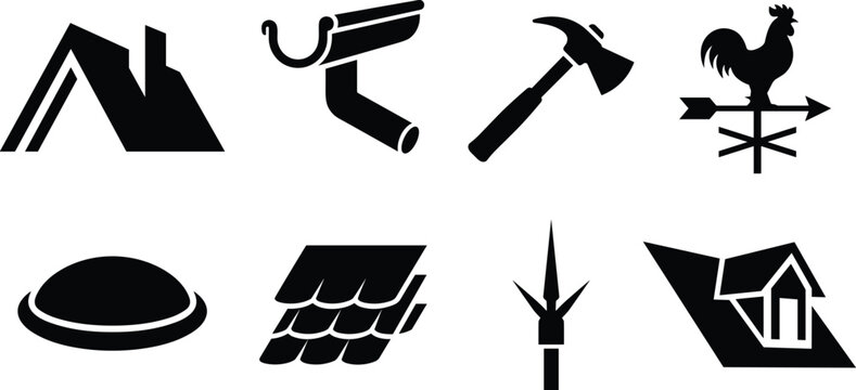 Roofing Construction Materials and Roofer Tools Vector Silhouette Icon Set for House Roof Gutter Shingles Dormer Window Lightning Rod and Home Maintenance Concepts