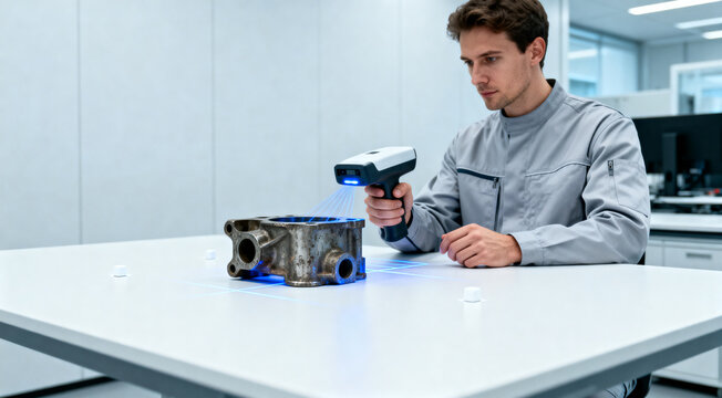 Engineer uses a handheld 3D scanner to capture precise measurements of a worn metal engine housing on a white lab table