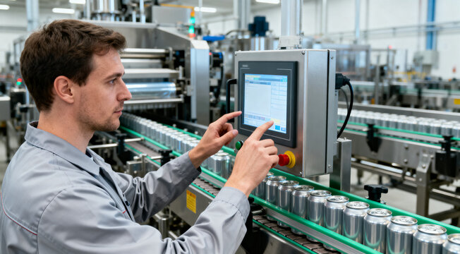 Factory technician operates a touchscreen control panel to monitor and adjust settings on an automated beverage can production line, illustrating industrial automation and manufacturing processes.