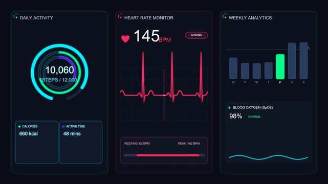 Digital health dashboard with activity tracking and fitness metrics heart rate monitor activity monitor biometric data digital interface steps counter heart rate monitor activity monitor biometric