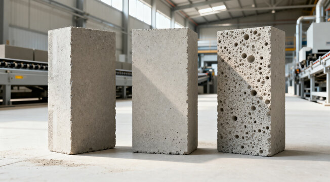 Three upright concrete blocks with smooth, rough and porous surfaces displayed on a factory floor, highlighting construction materials and industrial manufacturing of masonry units.