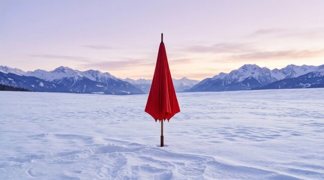 Red umbrella standing alone in snowy mountain landscape for minimalist winter concept.