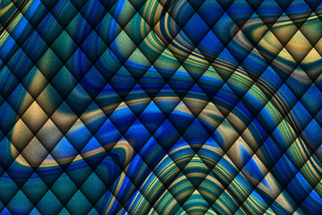 Fototapeta premium Luxury 3D deep blue and gold quilted texture with abstract dark geometric diamond pattern and peacock marble background
